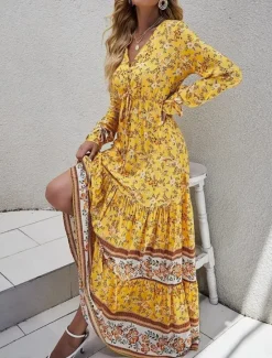 Hot Women's Maxi Dress Casual Dress Swing Dress Long Sleeve Boho Dress A Line Dress Bohemia Casual Vacation Daily Regular Fit Floral Long Sleeve V Neck Yellow Pink Blue Spring Fall Women Floral Dresses