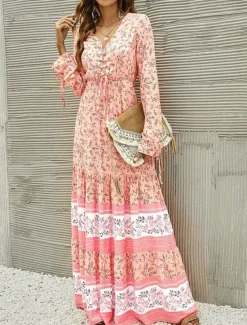 Hot Women's Maxi Dress Casual Dress Swing Dress Long Sleeve Boho Dress A Line Dress Bohemia Casual Vacation Daily Regular Fit Floral Long Sleeve V Neck Yellow Pink Blue Spring Fall Women Floral Dresses
