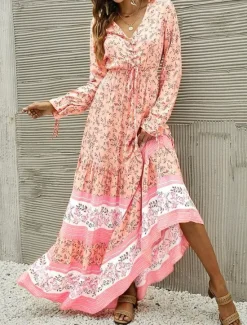 Hot Women's Maxi Dress Casual Dress Swing Dress Long Sleeve Boho Dress A Line Dress Bohemia Casual Vacation Daily Regular Fit Floral Long Sleeve V Neck Yellow Pink Blue Spring Fall Women Floral Dresses