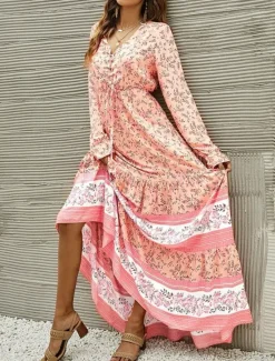 Hot Women's Maxi Dress Casual Dress Swing Dress Long Sleeve Boho Dress A Line Dress Bohemia Casual Vacation Daily Regular Fit Floral Long Sleeve V Neck Yellow Pink Blue Spring Fall Women Floral Dresses