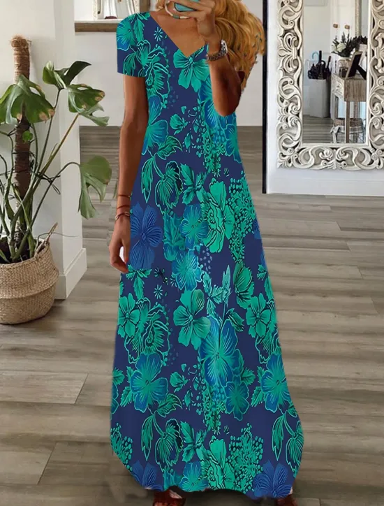 Online Women's Maxi Dress Casual Dress Print Dress Graphic Floral Fashion Modern Daily Holiday Vacation Short Sleeve V Neck Dress Regular Fit White Pink Wine Summer Spring Women Spring Dresses|Vacation Dresses