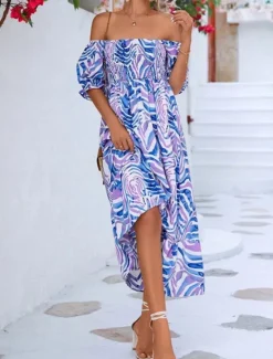 Discount Women's Maxi Dress Casual Dress A Line Dress Stylish Casual Vacation Daily Regular Fit Color Block Short Sleeve Off Shoulder Summer Women Spring Dresses