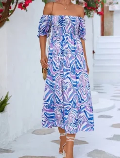 Discount Women's Maxi Dress Casual Dress A Line Dress Stylish Casual Vacation Daily Regular Fit Color Block Short Sleeve Off Shoulder Summer Women Spring Dresses