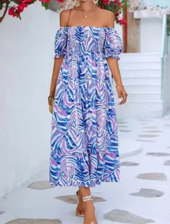Discount Women's Maxi Dress Casual Dress A Line Dress Stylish Casual Vacation Daily Regular Fit Color Block Short Sleeve Off Shoulder Summer Women Spring Dresses