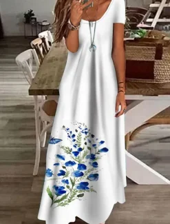 Best Women's Maxi Dress Casual Dress Shift Dress Long Dress White Blue Green Short Sleeve Floral Print Spring Summer Crew Neck Basic Daily Vacation Summer Dress 2023 S M L XL XXL 3XL Women Spring Dresses