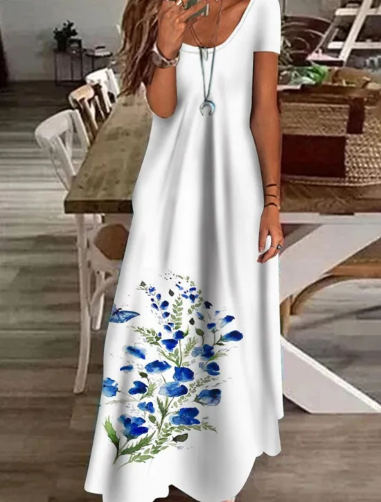 Best Women's Maxi Dress Casual Dress Shift Dress Long Dress White Blue Green Short Sleeve Floral Print Spring Summer Crew Neck Basic Daily Vacation Summer Dress 2023 S M L XL XXL 3XL Women Spring Dresses