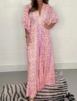 Best Women's Maxi Dress Casual Dress Swing Dress A Line Dress Casual Daily Regular Fit Leopard Half Sleeve V Neck Yellow Pink Green Summer Spring Fall Women Floral Dresses