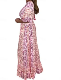 Best Women's Maxi Dress Casual Dress Swing Dress A Line Dress Casual Daily Regular Fit Leopard Half Sleeve V Neck Yellow Pink Green Summer Spring Fall Women Floral Dresses