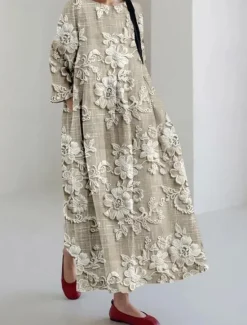 Best Women's Maxi Dress Casual Dress Casual Vacation Loose Fit Floral Graphic Linen Like 3/4 Length Sleeve Crew Neck Blue Light Purple Green Beige Spring Fall Winter Women Vacation Dresses