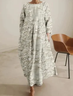 Best Women's Maxi Dress Casual Dress Casual Vacation Loose Fit Floral Graphic Linen Like 3/4 Length Sleeve Crew Neck Blue Light Purple Green Beige Spring Fall Winter Women Vacation Dresses