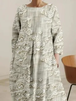Best Women's Maxi Dress Casual Dress Casual Vacation Loose Fit Floral Graphic Linen Like 3/4 Length Sleeve Crew Neck Blue Light Purple Green Beige Spring Fall Winter Women Vacation Dresses