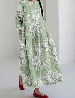 Best Women's Maxi Dress Casual Dress Casual Vacation Loose Fit Floral Graphic Linen Like 3/4 Length Sleeve Crew Neck Blue Light Purple Green Beige Spring Fall Winter Women Vacation Dresses