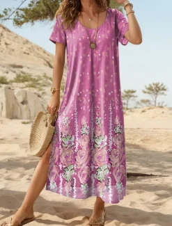 Outlet Women's Maxi Dress Casual Dress Sundress Shift Dress Vintage Ethnic Vacation Regular Fit Floral Short Sleeve Crew Neck Pink Blue Purple Summer Women T Shirt Dresses