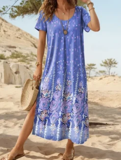 Outlet Women's Maxi Dress Casual Dress Sundress Shift Dress Vintage Ethnic Vacation Regular Fit Floral Short Sleeve Crew Neck Pink Blue Purple Summer Women T Shirt Dresses