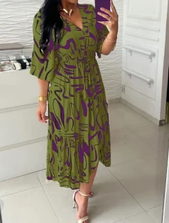 Best Women's Maxi Dress Casual Dress Swing Dress A Line Dress Casual Daily Regular Fit Graphic 3/4 Length Sleeve V Neck Blue Khaki Army Green Summer Spring Fall Women Spring Dresses