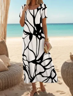 New Women's Maxi Dress Casual Dress Casual Daily Loose Fit Floral Color Block Short Sleeve Crew Neck Summer Women T Shirt Dresses
