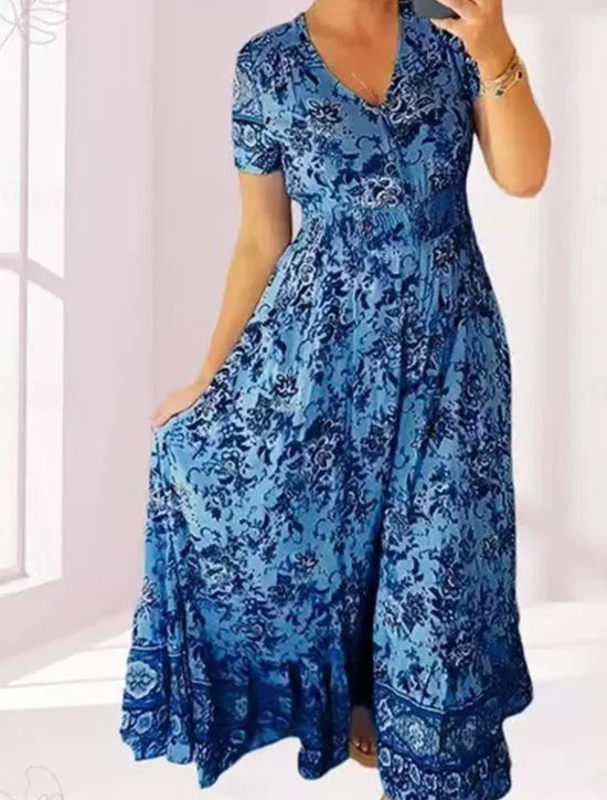 Outlet Women's Maxi Dress Casual Dress Boho Dress Elegant Stylish Casual Vacation Casual Daily Regular Fit Floral Short Sleeve V Neck Pink Navy Blue Purple Light Blue Summer Spring Women Spring Dresses