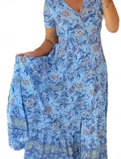 Outlet Women's Maxi Dress Casual Dress Boho Dress Elegant Stylish Casual Vacation Casual Daily Regular Fit Floral Short Sleeve V Neck Pink Navy Blue Purple Light Blue Summer Spring Women Spring Dresses