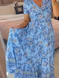 Outlet Women's Maxi Dress Casual Dress Boho Dress Elegant Stylish Casual Vacation Casual Daily Regular Fit Floral Short Sleeve V Neck Pink Navy Blue Purple Light Blue Summer Spring Women Spring Dresses