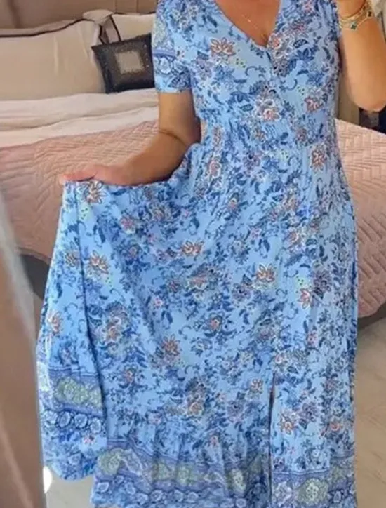 Outlet Women's Maxi Dress Casual Dress Boho Dress Elegant Stylish Casual Vacation Casual Daily Regular Fit Floral Short Sleeve V Neck Pink Navy Blue Purple Light Blue Summer Spring Women Spring Dresses