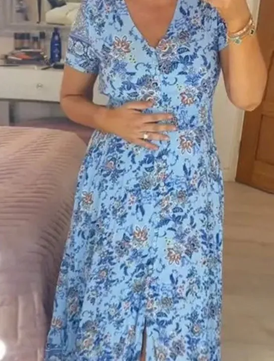 Outlet Women's Maxi Dress Casual Dress Boho Dress Elegant Stylish Casual Vacation Casual Daily Regular Fit Floral Short Sleeve V Neck Pink Navy Blue Purple Light Blue Summer Spring Women Spring Dresses