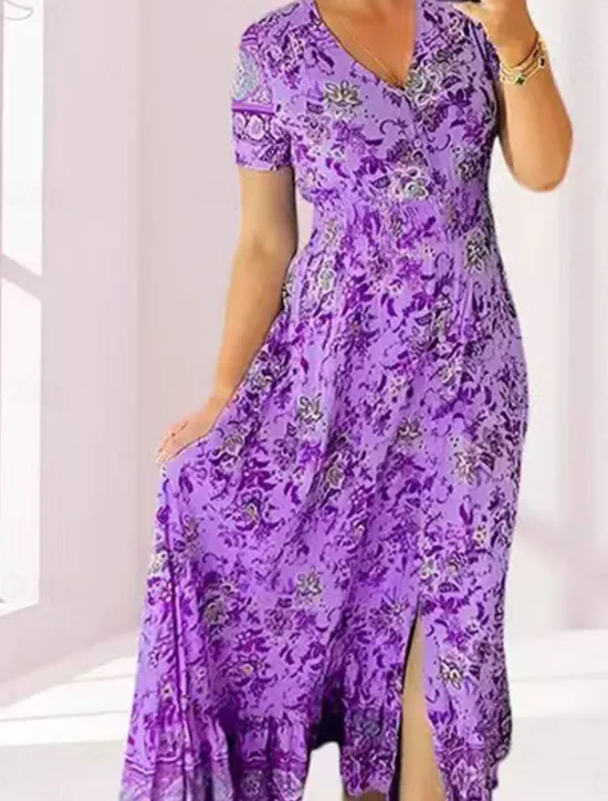Outlet Women's Maxi Dress Casual Dress Boho Dress Elegant Stylish Casual Vacation Casual Daily Regular Fit Floral Short Sleeve V Neck Pink Navy Blue Purple Light Blue Summer Spring Women Spring Dresses