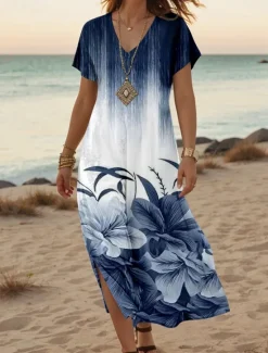 Discount Women's Maxi Dress Casual Dress Sundress Shift Dress Stylish Casual Drop Shoulder Vacation Daily Regular Fit Floral Short Sleeve V Neck Spring Fall Women Spring Dresses|T Shirt Dresses