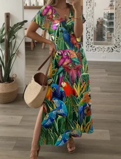 New Women's Maxi Dress Casual Dress Sundress Shift Dress Stylish Casual Drop Shoulder Vacation Daily Regular Fit Floral Short Sleeve V Neck Purple Green Spring Fall Women T Shirt Dresses