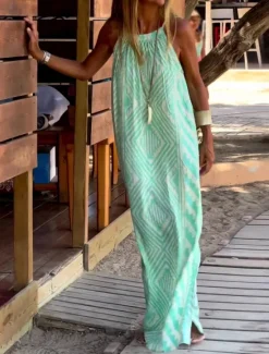 Clearance Women's Maxi Dress Casual Dress Slip Dress Geometric Print Strap Casual Daily Date Sleeveless Summer Spring Women Vacation Dresses