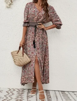 Online Women's Maxi Dress Casual Dress Swing Dress A Line Dress Boho Dress Casual Daily Regular Fit Floral Paisley Half Sleeve V Neck Blue Brown Summer Spring Fall Women Floral Dresses