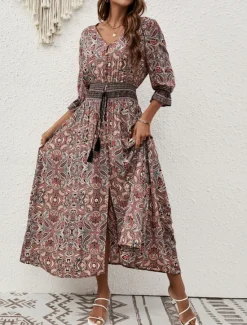 Online Women's Maxi Dress Casual Dress Swing Dress A Line Dress Boho Dress Casual Daily Regular Fit Floral Paisley Half Sleeve V Neck Blue Brown Summer Spring Fall Women Floral Dresses
