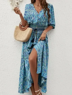 Online Women's Maxi Dress Casual Dress Swing Dress A Line Dress Boho Dress Casual Daily Regular Fit Floral Paisley Half Sleeve V Neck Blue Brown Summer Spring Fall Women Floral Dresses