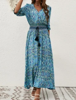 Online Women's Maxi Dress Casual Dress Swing Dress A Line Dress Boho Dress Casual Daily Regular Fit Floral Paisley Half Sleeve V Neck Blue Brown Summer Spring Fall Women Floral Dresses