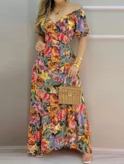 Online Women's Maxi Dress Casual Dress A Line Dress Stylish Casual Vacation Daily Regular Fit Floral Short Sleeve V Neck Spring Fall Women Spring Dresses|Floral Dresses