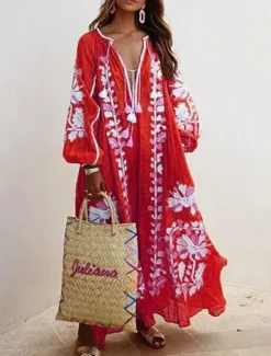 Outlet Women's Maxi Dress Casual Dress A Line Dress Boho Dress Stylish Casual Vacation Daily Date Loose Fit Graphic Long Sleeve V Neck Red Light Blue Spring Fall Women Spring Dresses