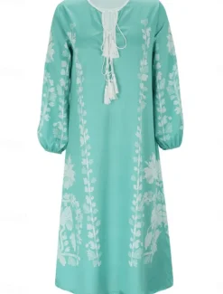 Outlet Women's Maxi Dress Casual Dress A Line Dress Boho Dress Stylish Casual Vacation Daily Date Loose Fit Graphic Long Sleeve V Neck Red Light Blue Spring Fall Women Spring Dresses