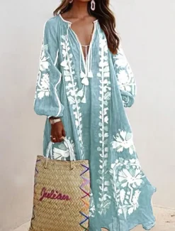 Outlet Women's Maxi Dress Casual Dress A Line Dress Boho Dress Stylish Casual Vacation Daily Date Loose Fit Graphic Long Sleeve V Neck Red Light Blue Spring Fall Women Spring Dresses