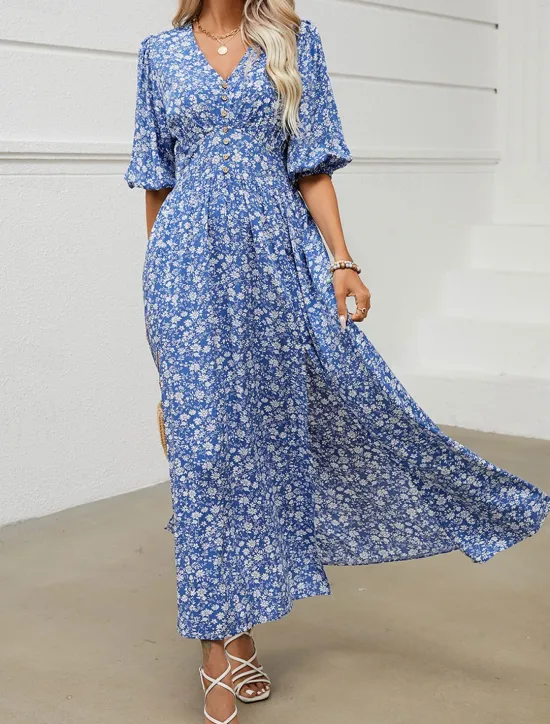 Discount Women's Maxi Dress Casual Dress Boho Chic Dresses Bohemia Cute Stylish Vacation Daily Beach Regular Fit Graphic Half Sleeve V Neck Summer Spring Fall Women Floral Dresses
