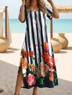 Best Women's Maxi Dress Casual Dress T Shirt Dress Tee Dress Sundress Bohemia Date Regular Fit Geometric Short Sleeve Crew Neck Black White Pink Purple Summer Women Spring Dresses|T Shirt Dresses