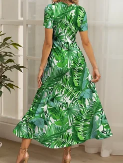 Online Women's Maxi Dress Casual Dress A Line Dress Summer Dress Vacation Vintage Ethnic Regular Fit Graphic Leaf Short Sleeve Square Neck Summer Spring Women Vacation Dresses