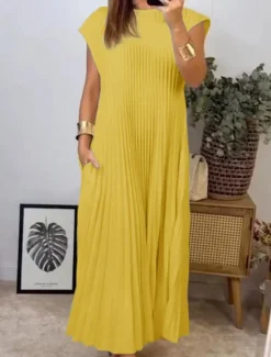 Online Women's Maxi Dress Casual Dress Solid Color Fashion Streetwear Party Office Daily Pleated Sleeveless Crew Neck Dress Regular Fit Black Yellow Beige Summer S M L XL XXL Women White Dresses
