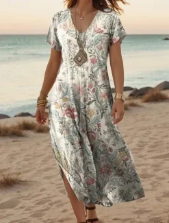 Best Women's Maxi Dress Casual Dress A Line Dress Stylish Casual Vacation Daily Regular Fit Floral Vintage Short Sleeve V Neck Light Green Blue Purple Dark Blue Summer Spring Women T Shirt Dresses