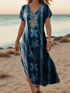 Best Women's Maxi Dress Casual Dress A Line Dress Stylish Casual Vacation Daily Regular Fit Floral Vintage Short Sleeve V Neck Light Green Blue Purple Dark Blue Summer Spring Women T Shirt Dresses