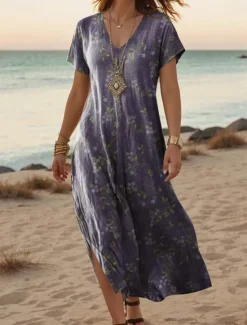 Best Women's Maxi Dress Casual Dress A Line Dress Stylish Casual Vacation Daily Regular Fit Floral Vintage Short Sleeve V Neck Light Green Blue Purple Dark Blue Summer Spring Women T Shirt Dresses