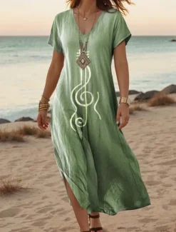 Best Women's Maxi Dress Casual Dress A Line Dress Stylish Casual Vacation Daily Regular Fit Floral Vintage Short Sleeve V Neck Light Green Blue Purple Dark Blue Summer Spring Women T Shirt Dresses
