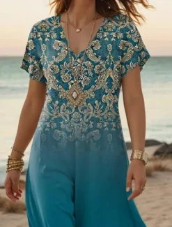 Best Women's Maxi Dress Casual Dress A Line Dress Stylish Casual Vacation Daily Regular Fit Floral Vintage Short Sleeve V Neck Light Green Blue Purple Dark Blue Summer Spring Women T Shirt Dresses