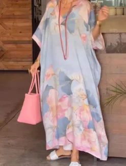 Best Women's Maxi Dress Casual Dress Shift Dress Stylish Casual Vacation Daily Date Loose Fit Floral Short Sleeve V Neck Pink Blue Summer Spring Women Spring Dresses|Work Dresses