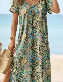 Women's Maxi Dress Casual Dress T Shirt Dress Tee Dress Sundress Bohemia Date Regular Fit Geometric Paisley Short Sleeve Crew Neck Summer Women Spring Dresses|T Shirt Dresses