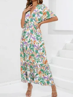 Outlet Women's Maxi Dress Casual Dress A Line Dress Stylish Casual Vacation Daily Regular Fit Floral Half Sleeve V Neck Summer Women Spring Dresses