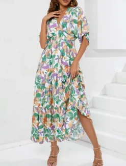 Outlet Women's Maxi Dress Casual Dress A Line Dress Stylish Casual Vacation Daily Regular Fit Floral Half Sleeve V Neck Summer Women Spring Dresses